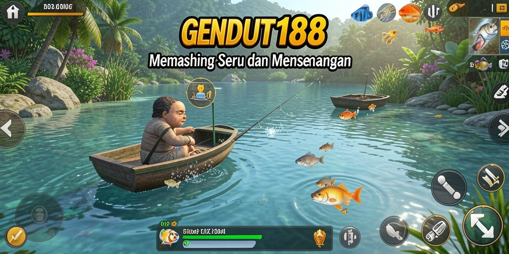 Tampilan gameplay GENDUT188 dengan karakter memancing yang aktif.